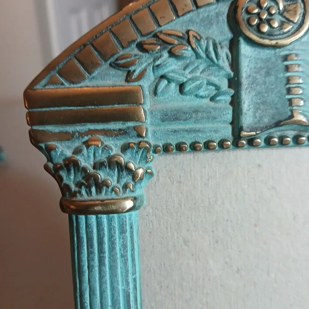 Vintage Greek Revival Metal Faux Verdigris & Gold Picture Frame 4x6 Photo Insert